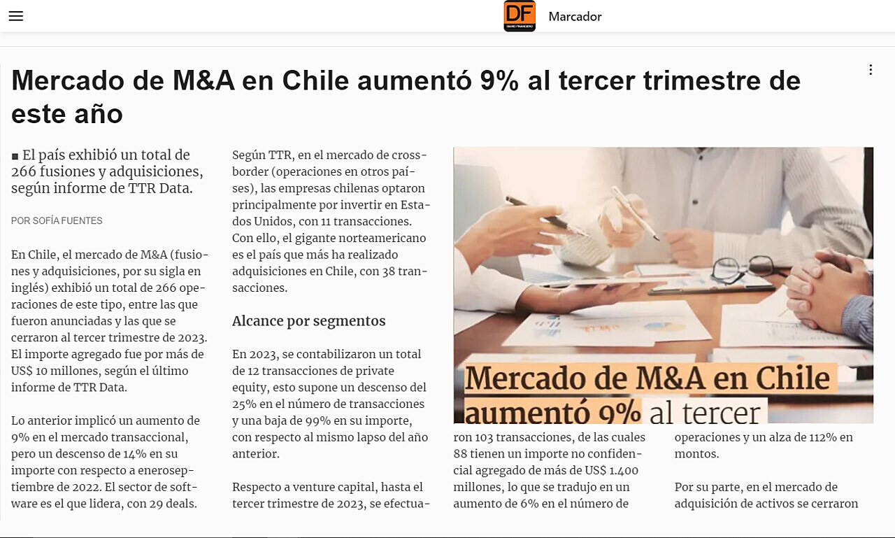 Mercado de M&A en Chile aument 9% al tercer trimestre de este ao